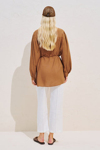 Linen Blend Long Balloon Sleeve Tunic Tile