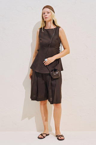 Linen Sleeveless Tie Detail Blouse Brown