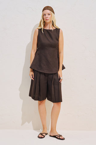 Linen Sleeveless Tie Detail Blouse Brown