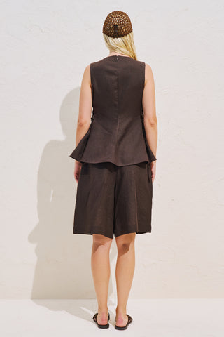 Linen Sleeveless Tie Detail Blouse Brown