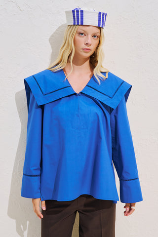 Sailor Collar Shirt With Trim Detail Blue