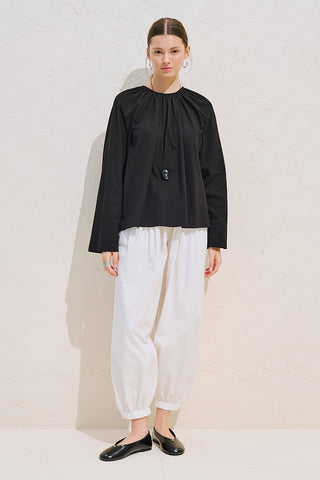 Relaxed Tie Detail Blouse With Gathered Finish Black