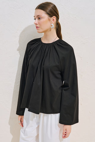 Relaxed Tie Detail Blouse With Gathered Finish Black
