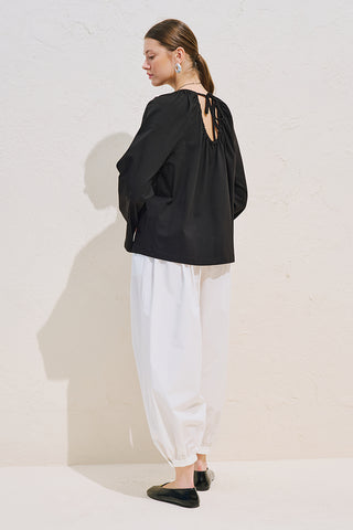 Relaxed Tie Detail Blouse With Gathered Finish Black