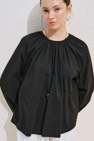 Relaxed Tie Detail Blouse With Gathered Finish Black