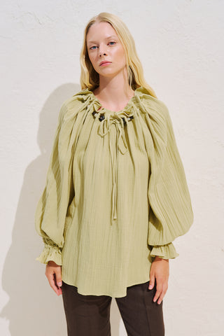 Gathered Neck Muslin Blouse Yellow