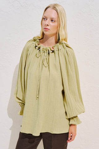 Gathered Neck Muslin Blouse Yellow