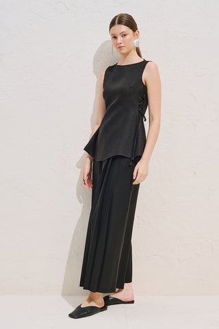 Linen Sleeveless Tie Detail Blouse Black