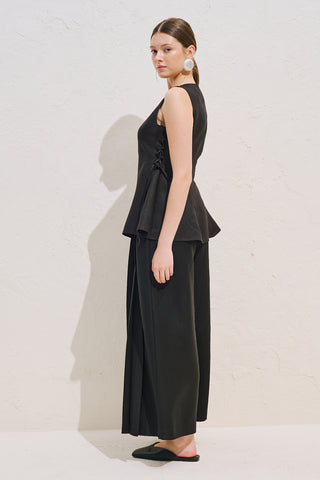 Linen Sleeveless Tie Detail Blouse Black