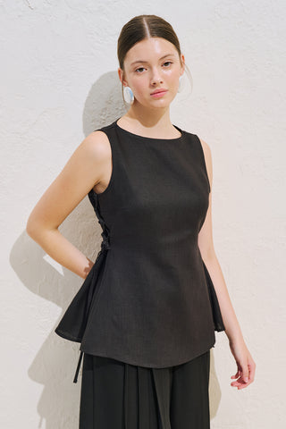 Linen Sleeveless Tie Detail Blouse Black