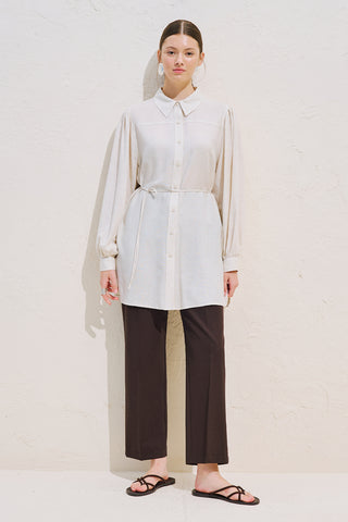 Linen Blend Long Balloon Sleeve Tunic Natural