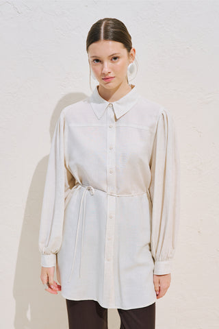 Linen Blend Long Balloon Sleeve Tunic Natural