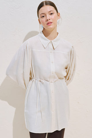 Linen Blend Long Balloon Sleeve Tunic Natural