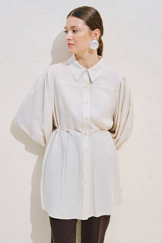 Linen Blend Long Balloon Sleeve Tunic Natural