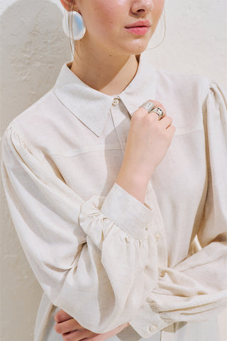 Linen Blend Long Balloon Sleeve Tunic Natural