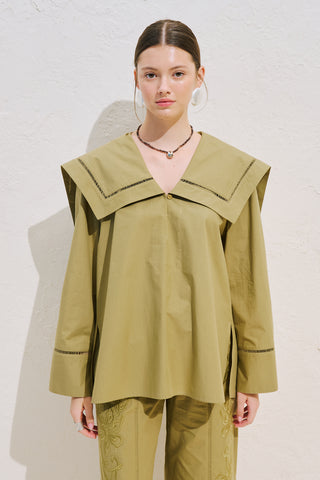 Sailor Collar Shirt With Trim Detail Khaki
