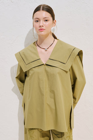 Sailor Collar Shirt With Trim Detail Khaki
