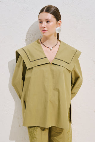 Sailor Collar Shirt With Trim Detail Khaki