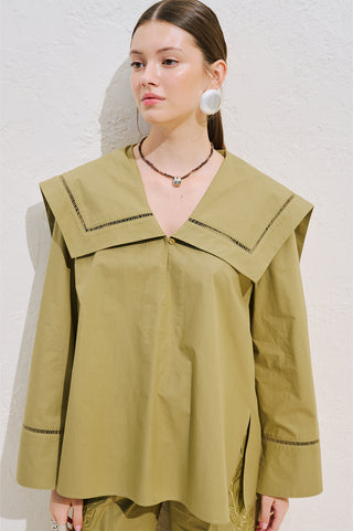 Sailor Collar Shirt With Trim Detail Khaki