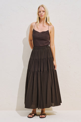 Tiered Gathered Maxi Skirt Dark Brown