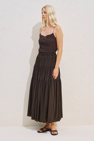 Tiered Gathered Maxi Skirt Dark Brown