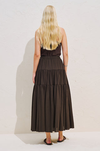 Tiered Gathered Maxi Skirt Dark Brown