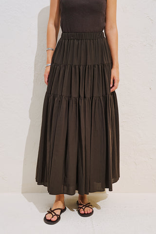 Tiered Gathered Maxi Skirt Dark Brown