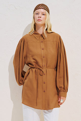 Linen Blend Long Balloon Sleeve Tunic Tile