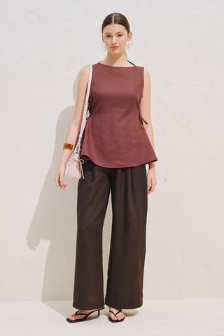 Linen Sleeveless Tie Detail Blouse Copper