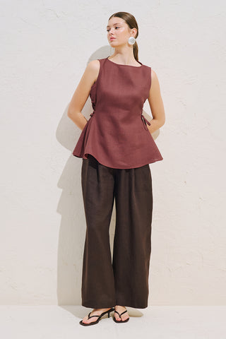 Linen Sleeveless Tie Detail Blouse Copper