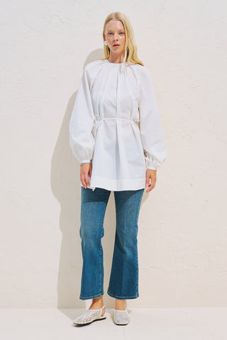 Belted Balloon Sleeve Tunic Ecru