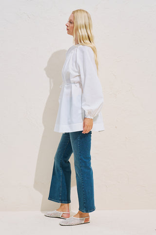 Belted Balloon Sleeve Tunic Ecru