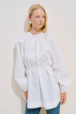 Belted Balloon Sleeve Tunic Ecru