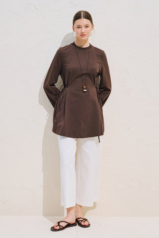 Waist Tie Long Sleeve T Shirt Dark Brown