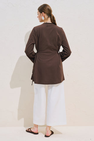 Waist Tie Long Sleeve T Shirt Dark Brown