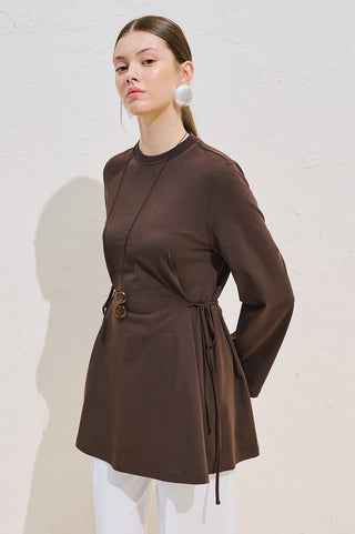 Waist Tie Long Sleeve T Shirt Dark Brown