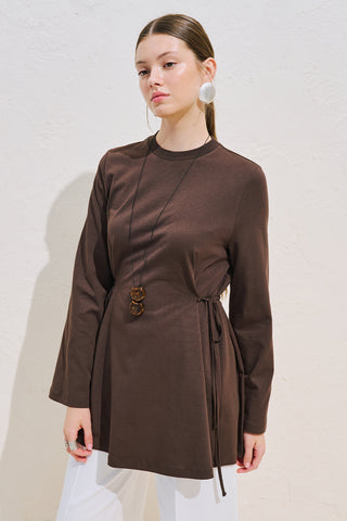 Waist Tie Long Sleeve T Shirt Dark Brown