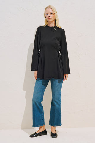 Waist Tie Long Sleeve T Shirt Black