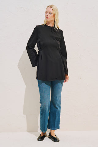 Waist Tie Long Sleeve T Shirt Black