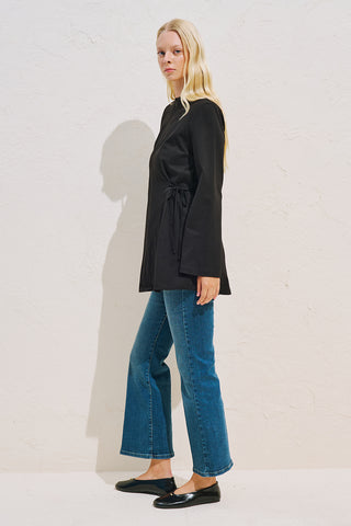 Waist Tie Long Sleeve T Shirt Black