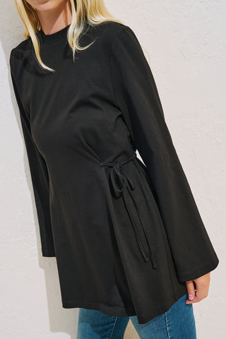 Waist Tie Long Sleeve T Shirt Black