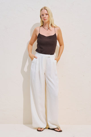 Linen Blend Pleated Trousers Ecru