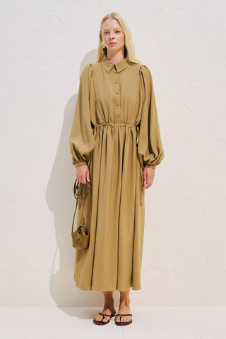 Draped Balloon Sleeve Dress With Adjustable Waist Curry