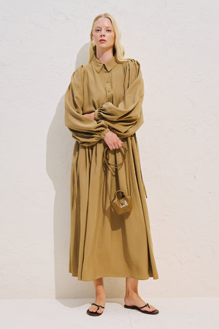 Draped Balloon Sleeve Dress With Adjustable Waist Curry