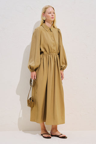 Draped Balloon Sleeve Dress With Adjustable Waist Curry