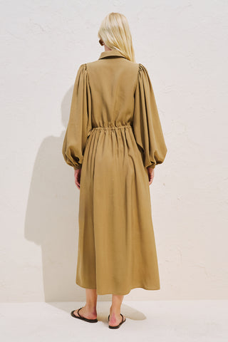 Draped Balloon Sleeve Dress With Adjustable Waist Curry