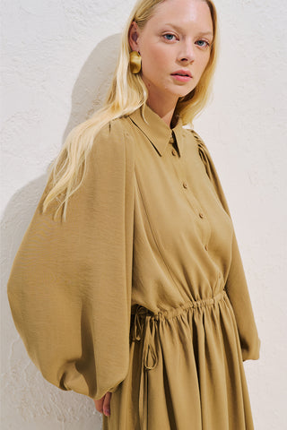 Draped Balloon Sleeve Dress With Adjustable Waist Curry