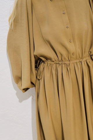 Draped Balloon Sleeve Dress With Adjustable Waist Curry