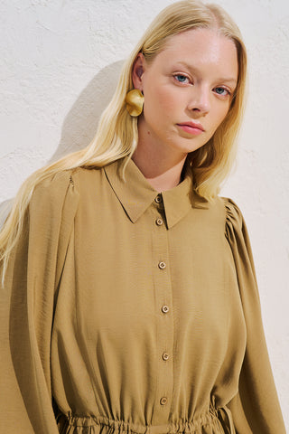 Draped Balloon Sleeve Dress With Adjustable Waist Curry