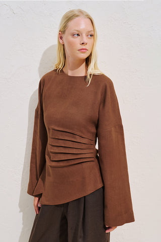 Linen Asymmetric Long Sleeve Blouse Copper